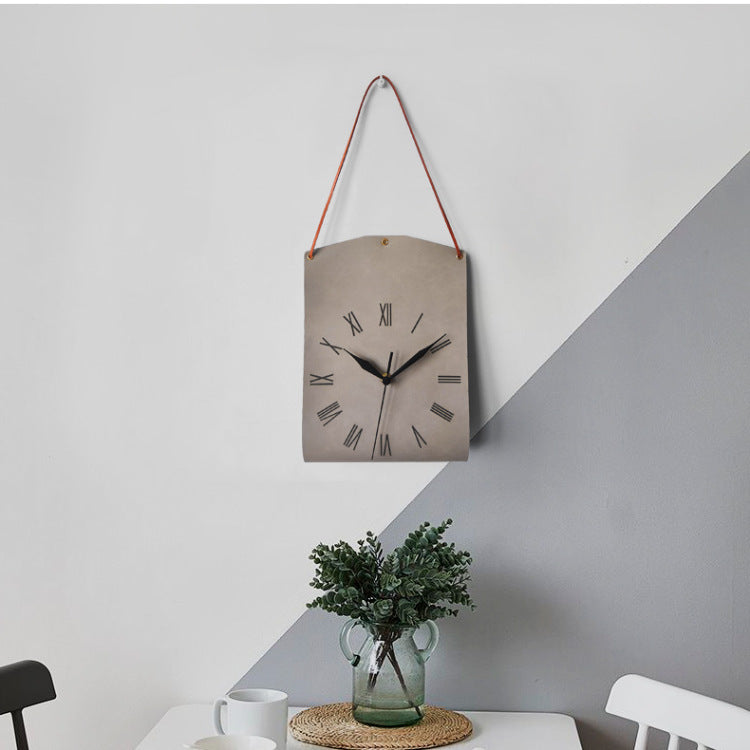Retro PU Leather Hanging Wall Clock - Silent Sweep Movement, Roman Numerals, Decorative Handbag Style(Light Brown)
