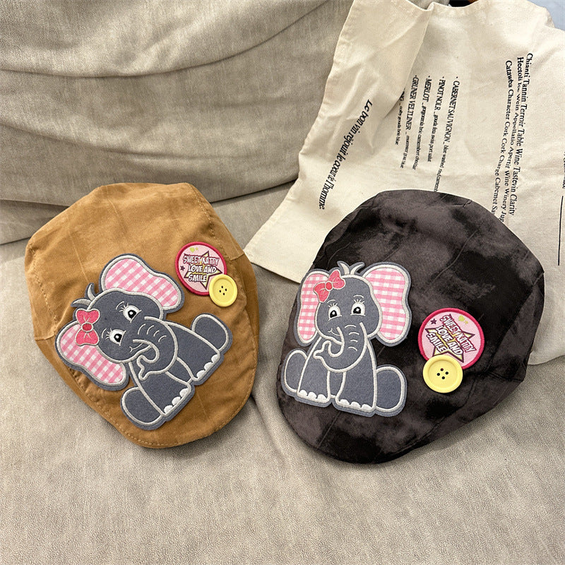 Cute Elephant Applique Beret Hat - Soft Fabric, Adjustable Fit, Retro Newsboy Cap(red)