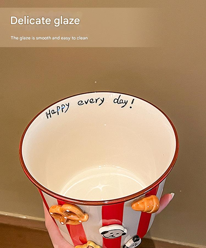 Charming Striped Ceramic Instant Noodle Bowl with 3D Accents & Happy every day! Message(grey)