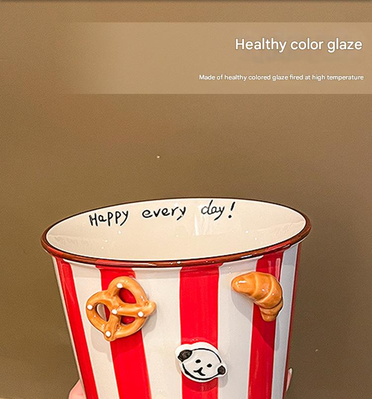 Charming Striped Ceramic Instant Noodle Bowl with 3D Accents & Happy every day! Message(grey)