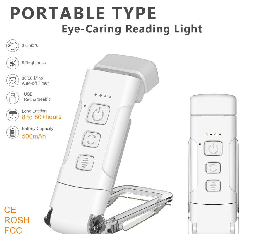 Portable Clip-On LED Reading Light - USB Rechargeable, 3 Color Modes & 5 Brightness Levels(white)