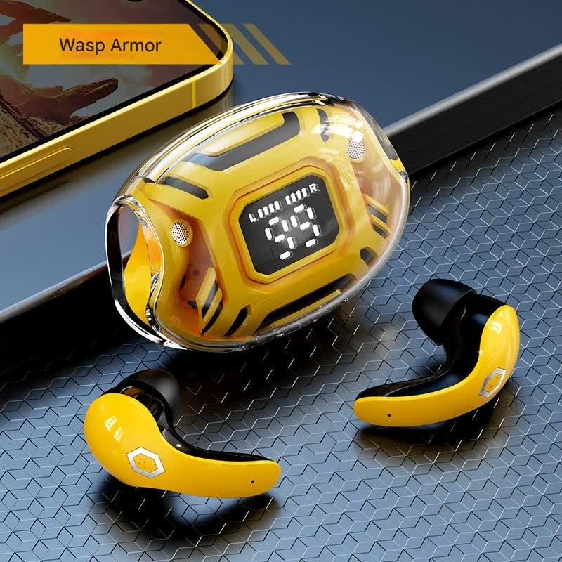 Mecha Style TWS Gaming Earbuds - Bluetooth 5.3, Low Latency, Ear-Hook Design, LED Display Case, Noise Cancelling(yellow)