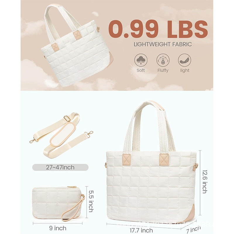 Lightweight Quilted Tote Bag for Women - Fits 15.6 Laptop Water-Resistant with Clutch & Luggage Strap(black)