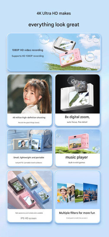 48MP Digital Camera for Kids & Beginners - 1080P Vlogging, 8x Zoom, Filters & Games(White)