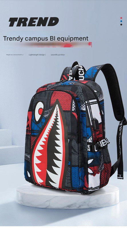 Trendsetter Shark Mouth Print Backpack - Lightweight & Breathable School Bag(Red spider)