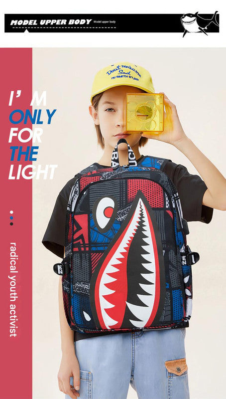 Trendsetter Shark Mouth Print Backpack - Lightweight & Breathable School Bag(Red spider)