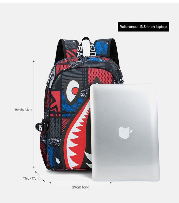 Trendsetter Shark Mouth Print Backpack - Lightweight & Breathable School Bag(Red leaves)