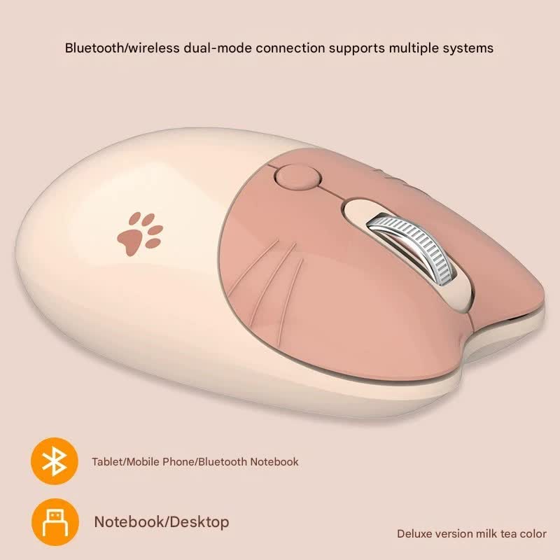 Cute Cat Shaped Wireless Office Mouse - Dual Mode 2.4G/Bluetooth, 3-Level DPI, Silent Click(Milk tea color)