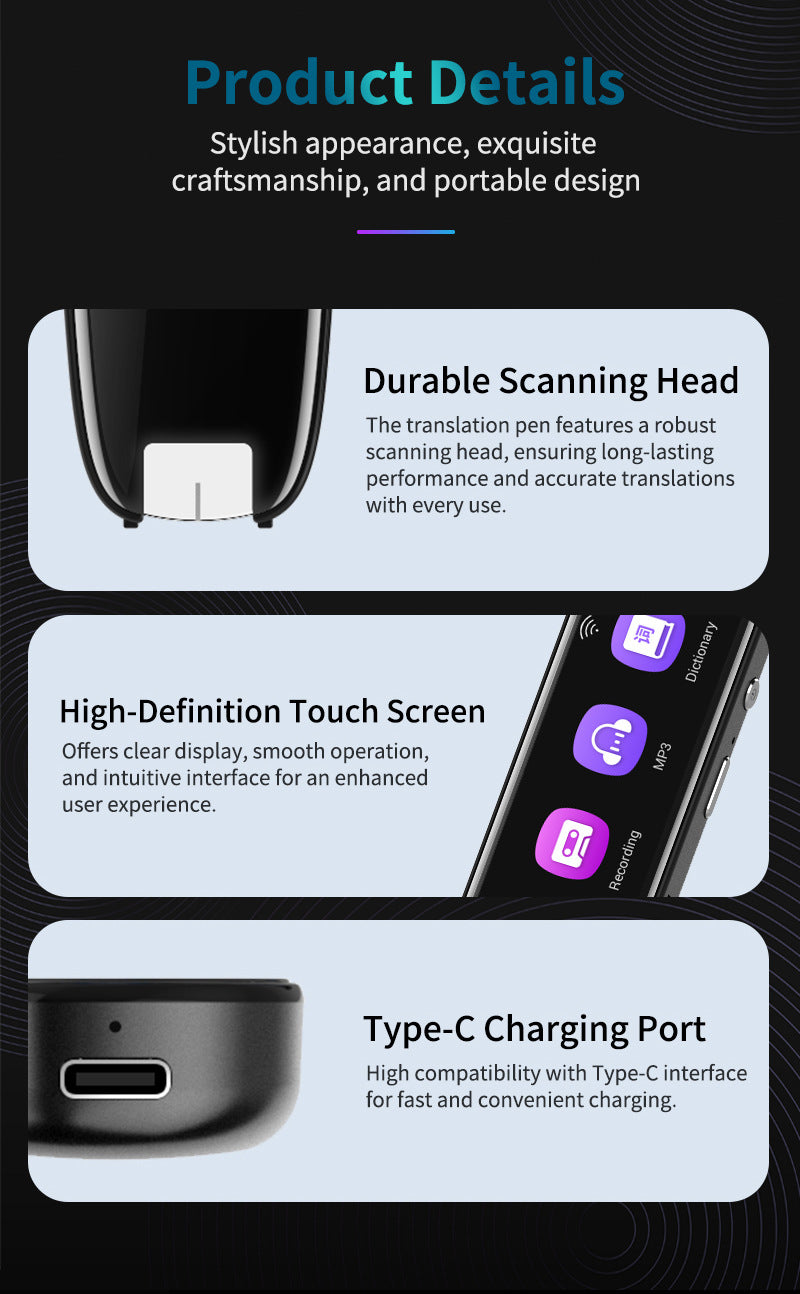 Smart AI Scan & Voice Translator Pen - 112+ Languages, Offline Mode, HD Touchscreen & Dictionary(black)