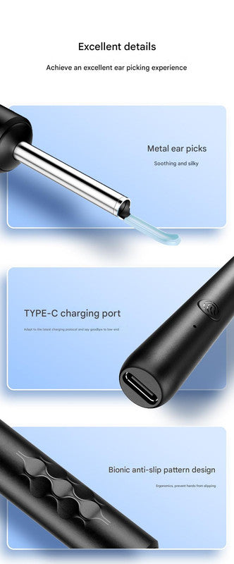 Smart Visual Ear Cleaner with HD WiFi Camera - Gentle Silicone Tips, USB-C Rechargeable Otoscope for Safe Ear Wax Removal(Black low-level version)