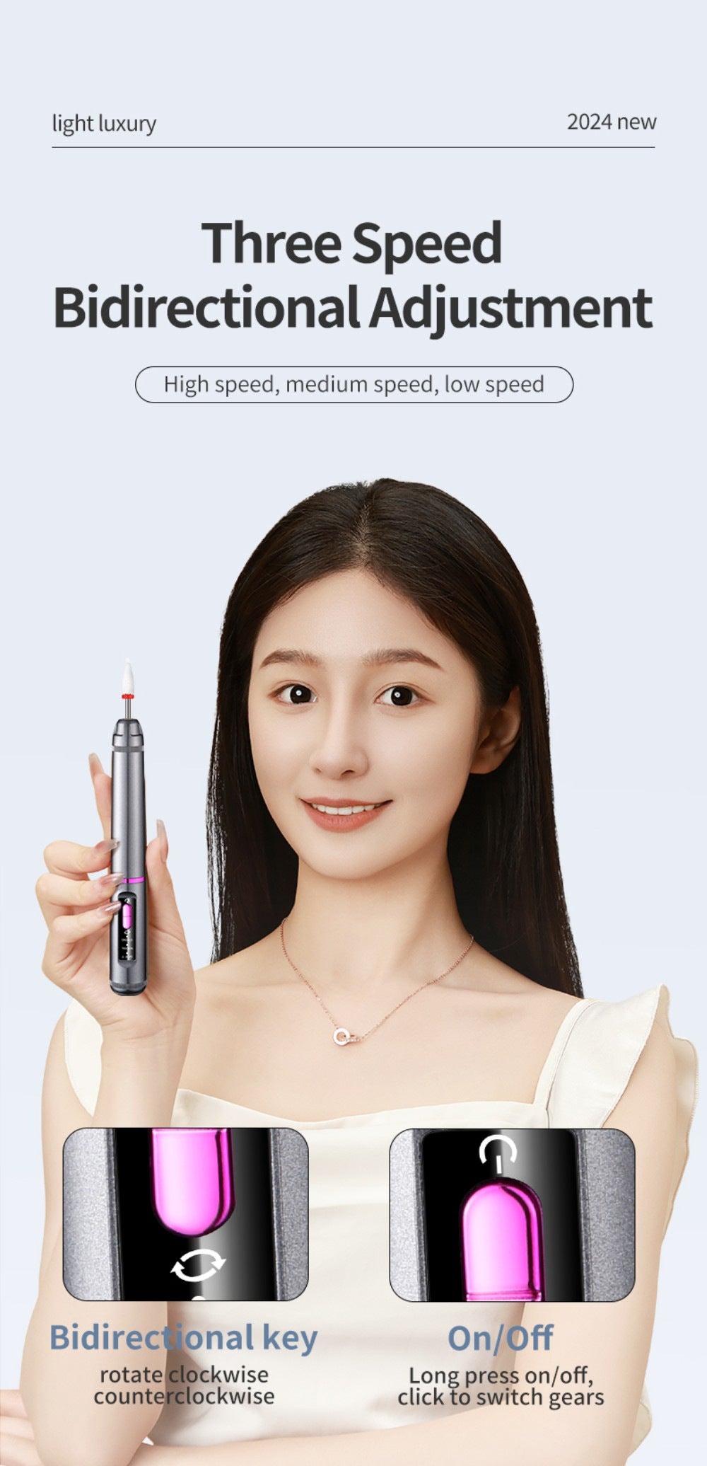 Professional Electric Nail Drill Pen Kit - 3-Speed, Bidirectional, Rechargeable Manicure & Pedicure Tool(Silver Gray)