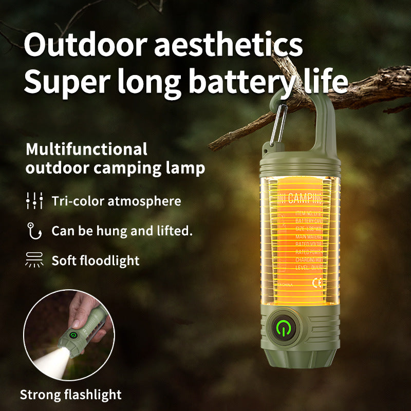 Tri-Color Portable Camping Lantern & Flashlight - Rechargeable, 360?Ambient Light & Hook Design(Khaki)
