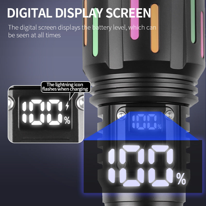 30W High Brightness LED Flashlight with Digital Display & Fluorescent Design - USB Rechargeable, 800-1200M Range(black+One 18650 battery)