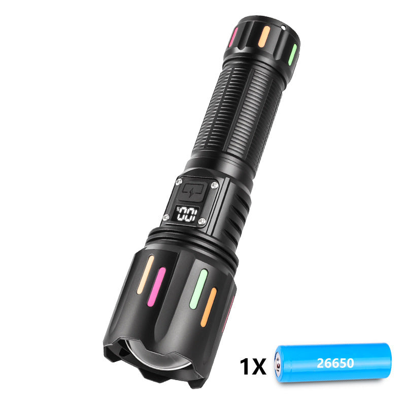30W High Brightness LED Flashlight with Digital Display & Fluorescent Design - USB Rechargeable, 800-1200M Range(black+One 26650 battery)