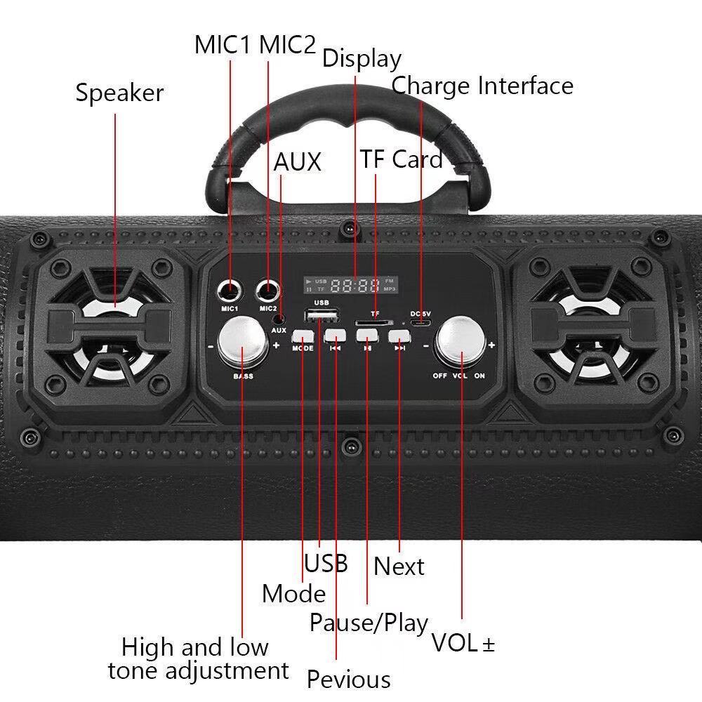 Portable Wireless Speaker - FM Radio, USB/TF Playback, AUX Input, Microphone Support & 2000mAh Battery(black)