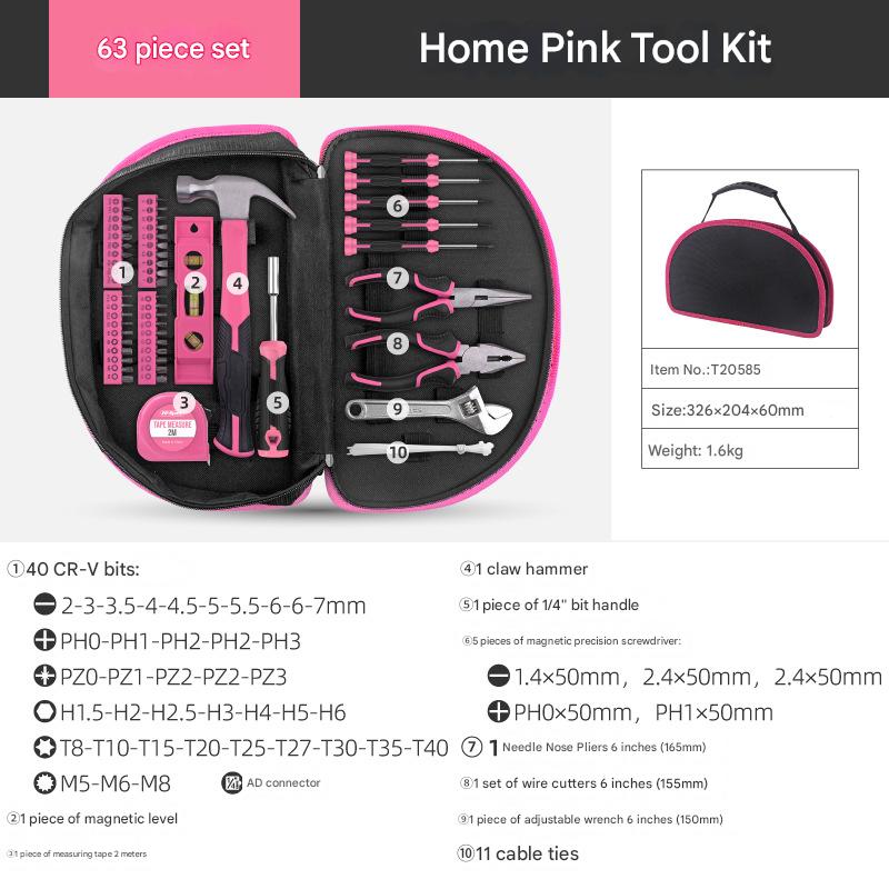 63-Piece Essential Home Repair Tool Kit with Portable Zipper Case(pink)