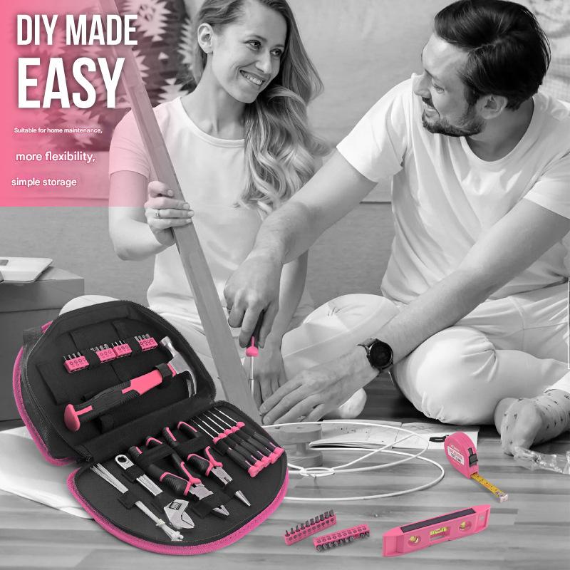 63-Piece Essential Home Repair Tool Kit with Portable Zipper Case(pink)