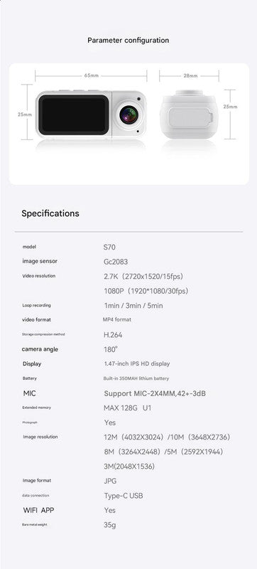 Thumb-Sized 2.7K Camera with 180 Rotatable Lens & Magnet Mount - Capture Your World Hands-Free(black+64G)