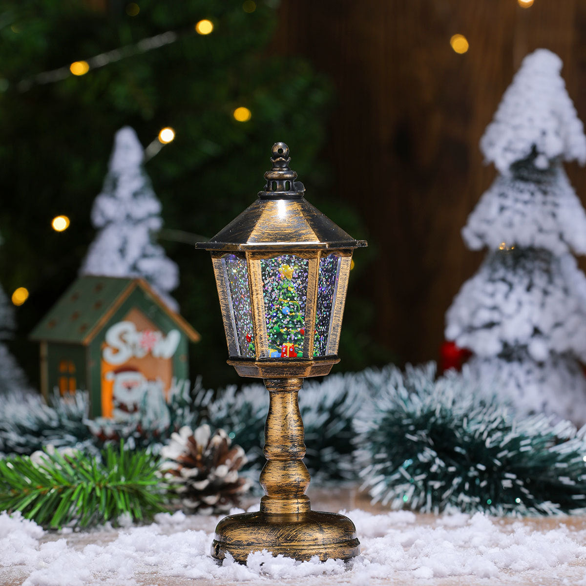 Festive LED Christmas Snow Globe Lantern - Glittering Tabletop Decoration with Santa/Snowman Scene,