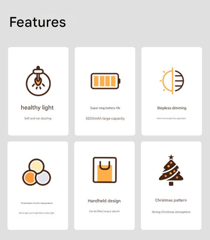 Portable Christmas LED Lantern - Dimmable, 3 Color Temps, 5200mAh Battery & Memory Function(Silver)