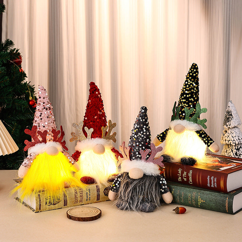 Light-Up Christmas Gnome Plush Doll with Sequin Hat & Antlers - Festive LED Tabletop Decoration(red)