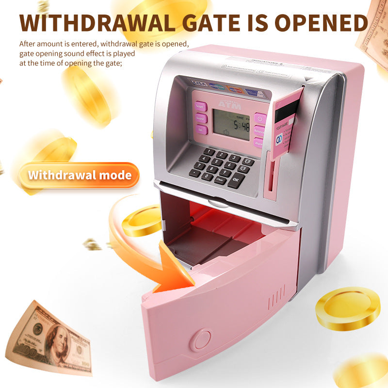 Kids Electronic ATM Savings Bank - Digital Piggy Bank with Password, Auto Roll-in Banknotes & Coin Slot for Financial Learning Fun(pink)