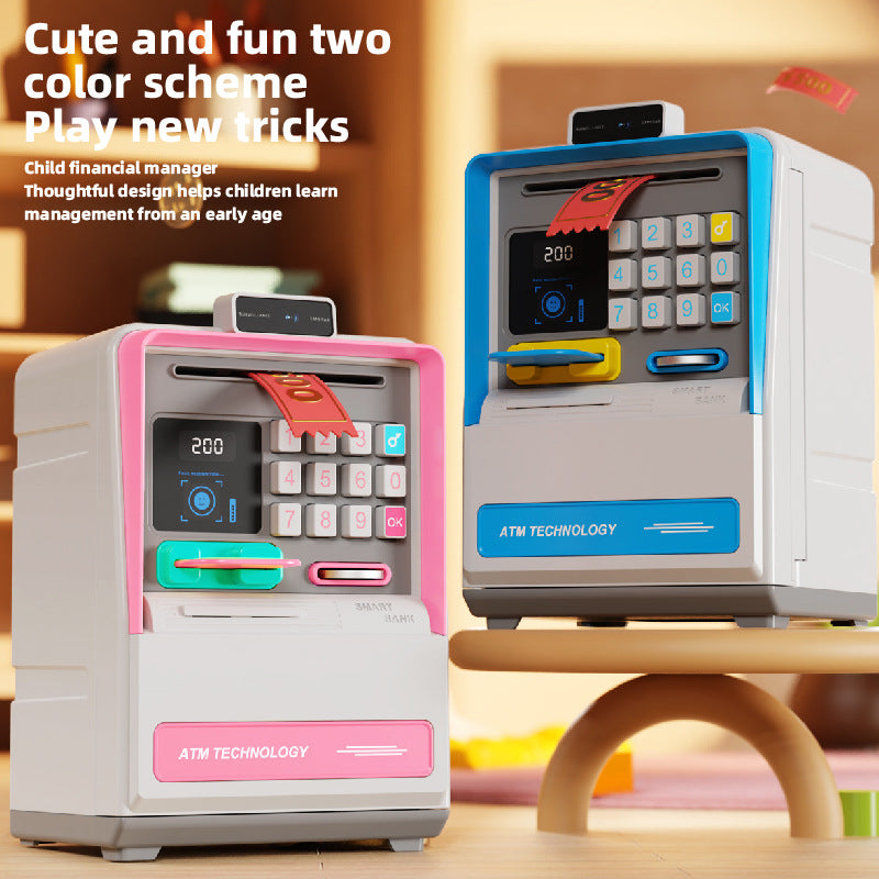 Kids Electronic ATM Piggy Bank with Simulated Facial Recognition & Password - Auto Roll-in Banknote & Coin Money Box for Financial Learning(pink)