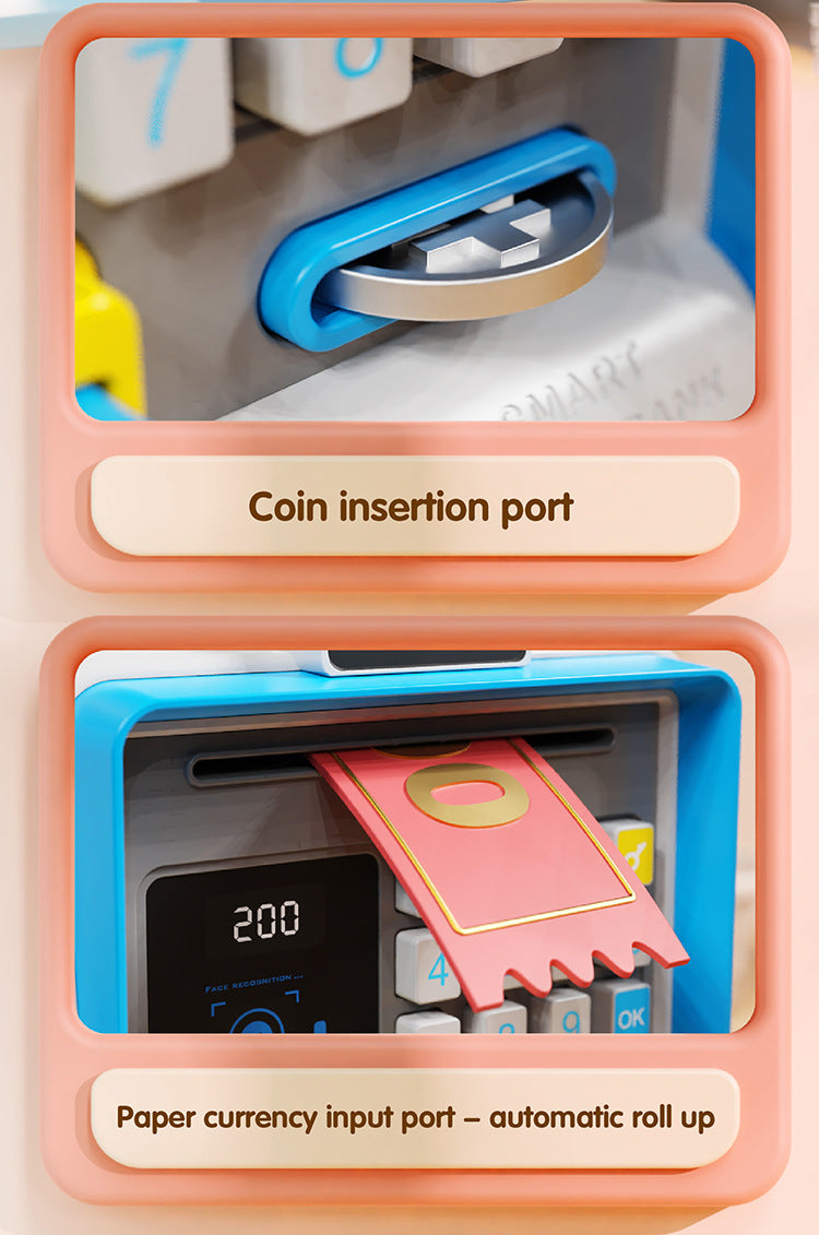 Kids Electronic ATM Piggy Bank with Simulated Facial Recognition & Password - Auto Roll-in Banknote & Coin Money Box for Financial Learning(pink)