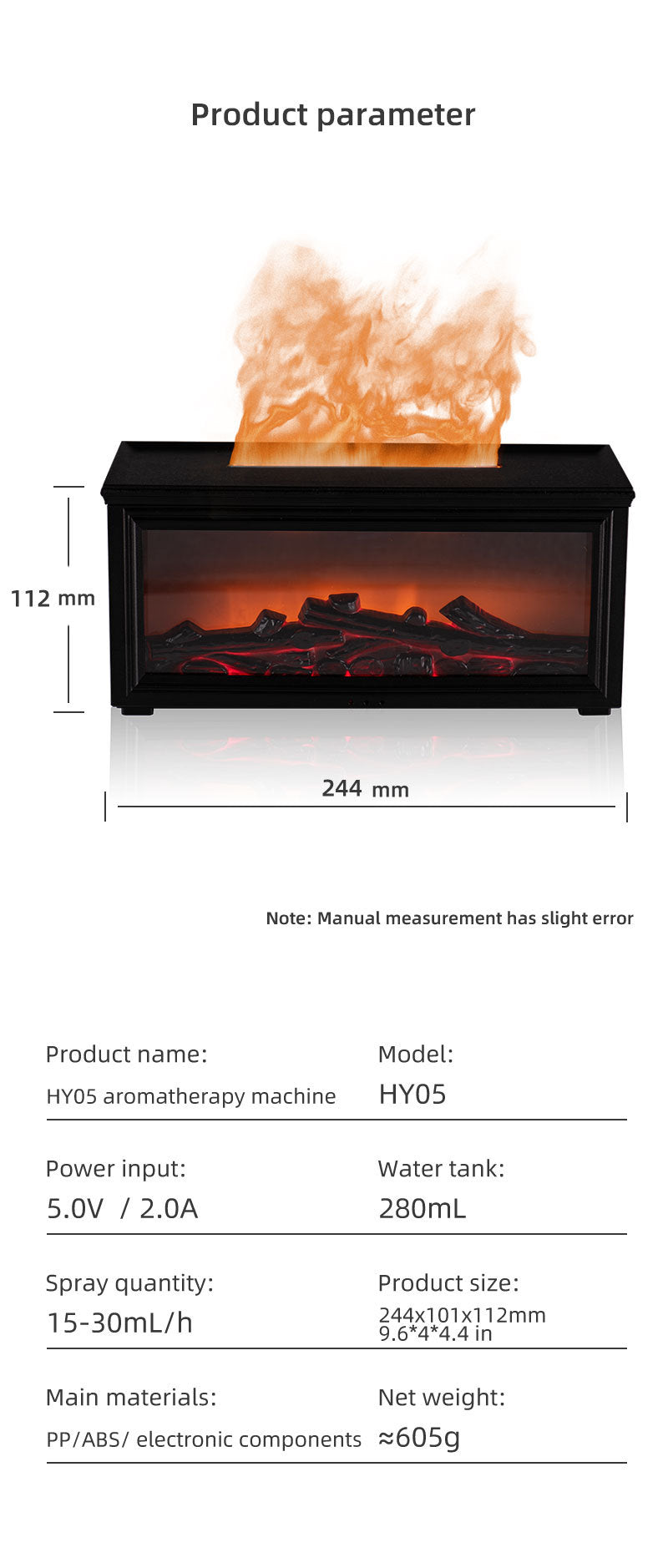 Fireplace Flame Effect Aroma Diffuser & Humidifier with 7-Colour Light, Timer & Remote Control(Light Wood Grain)
