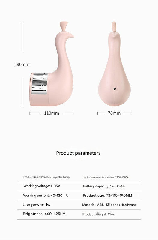 Peacock Projection LED Night Light - Multi-Color Atmosphere Lamp with Remote & Touch Control, USB Rechargeable(white)