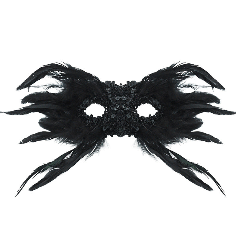 Black Mysterious Gothic Feather Masquerade Mask - Black Angel Wing Venetian Party Costume