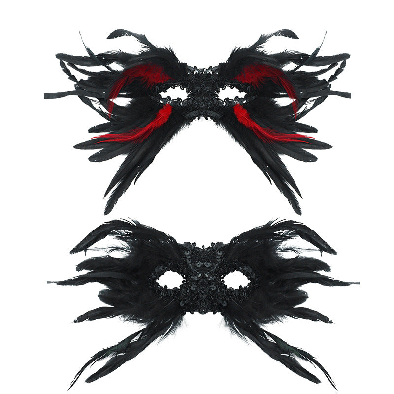 Red and Black Mysterious Gothic Feather Masquerade Mask - Black Angel Wing Venetian Party Costume