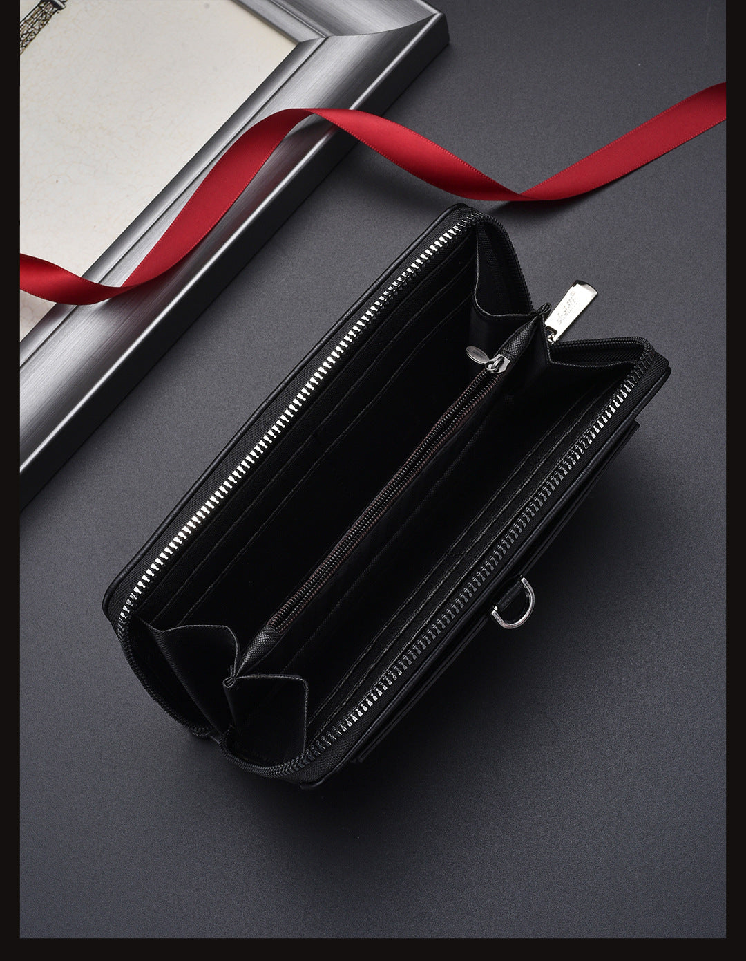Black Classic Long Zipper Wallet Clutch - Large Capacity PU Leather Phone & Card Holder with Wrist Strap
