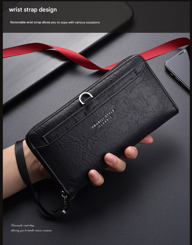 Coffee Classic Long Zipper Wallet Clutch - Large Capacity PU Leather Phone & Card Holder with Wrist Strap