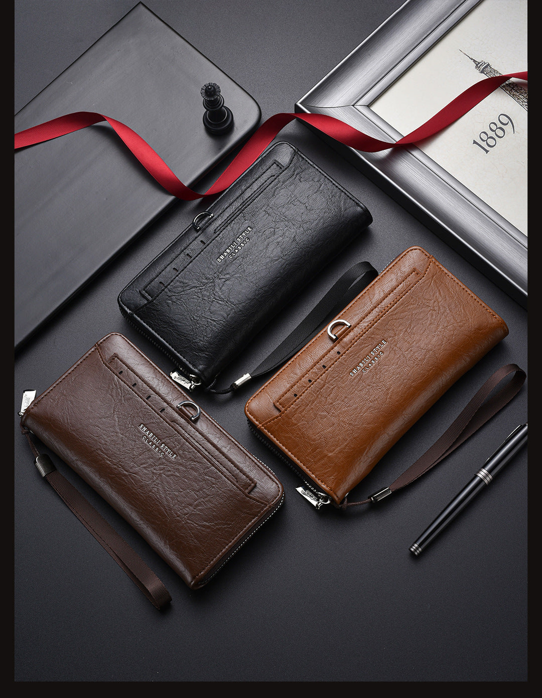 Brown Classic Long Zipper Wallet Clutch - Large Capacity PU Leather Phone & Card Holder with Wrist Strap