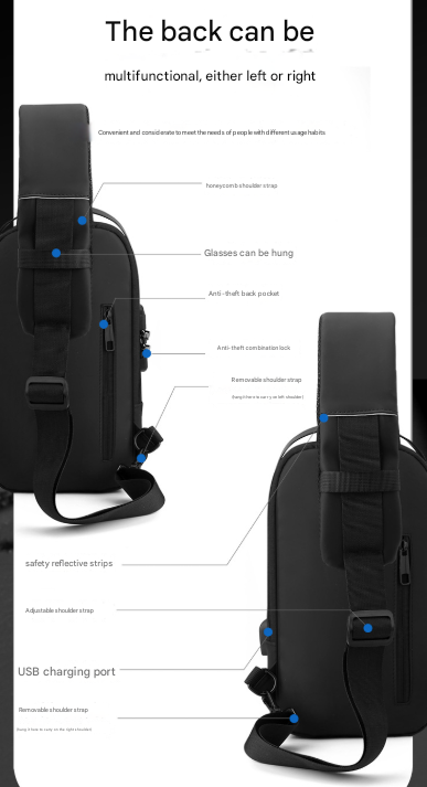 Black Men's Anti-Theft Crossbody Sling Bag with USB Charging Port & Combination Lock