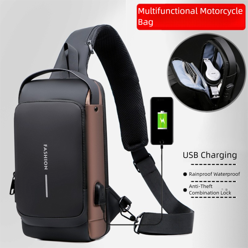 Blue and Brown Men's Anti-Theft Crossbody Sling Bag with USB Charging Port & Combination Lock