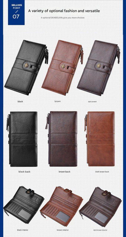 Black Men's Vintage PU Leather Long Wallet - High Capacity Dual Zipper Clutch with Phone & Card Slots