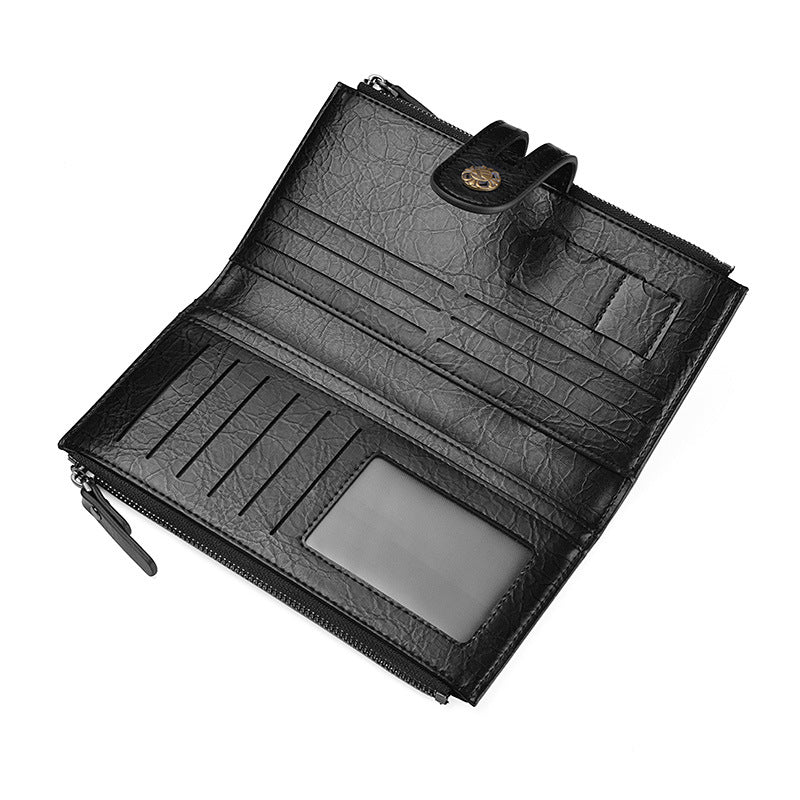 Black Men's Vintage PU Leather Long Wallet - High Capacity Dual Zipper Clutch with Phone & Card Slots