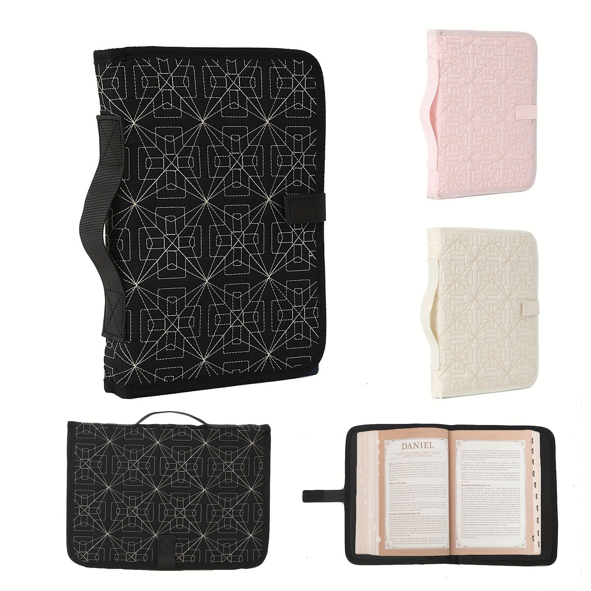 Beige Elegant Quilted Bible Cover - Protective Book Case with Carry Handle