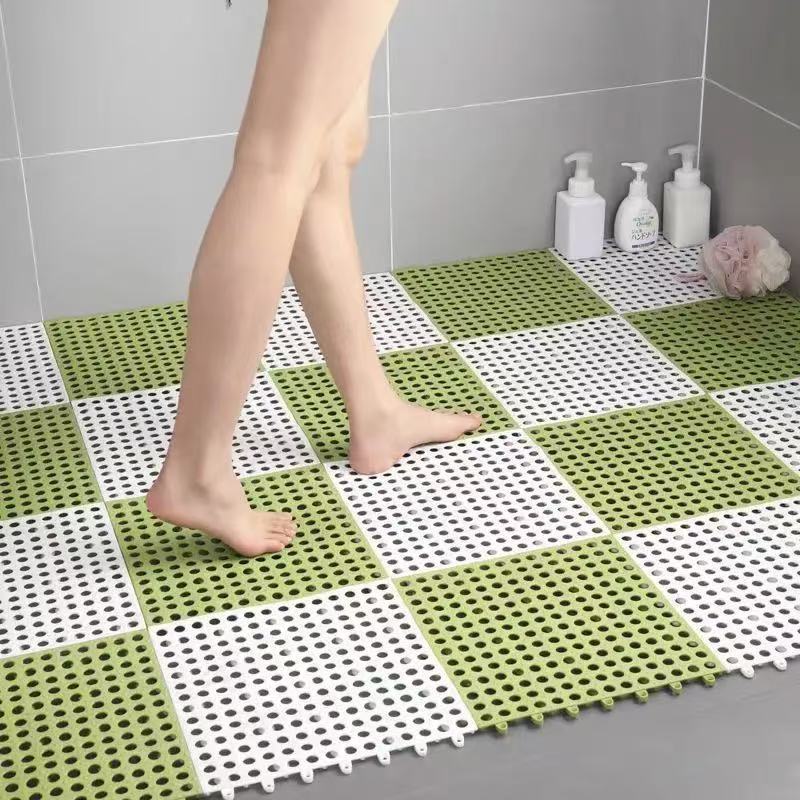 White And Green DIY Interlocking Non-Slip Floor Tiles - 12-Pack PVC Drainage Mat for Shower & Bathroom Safety