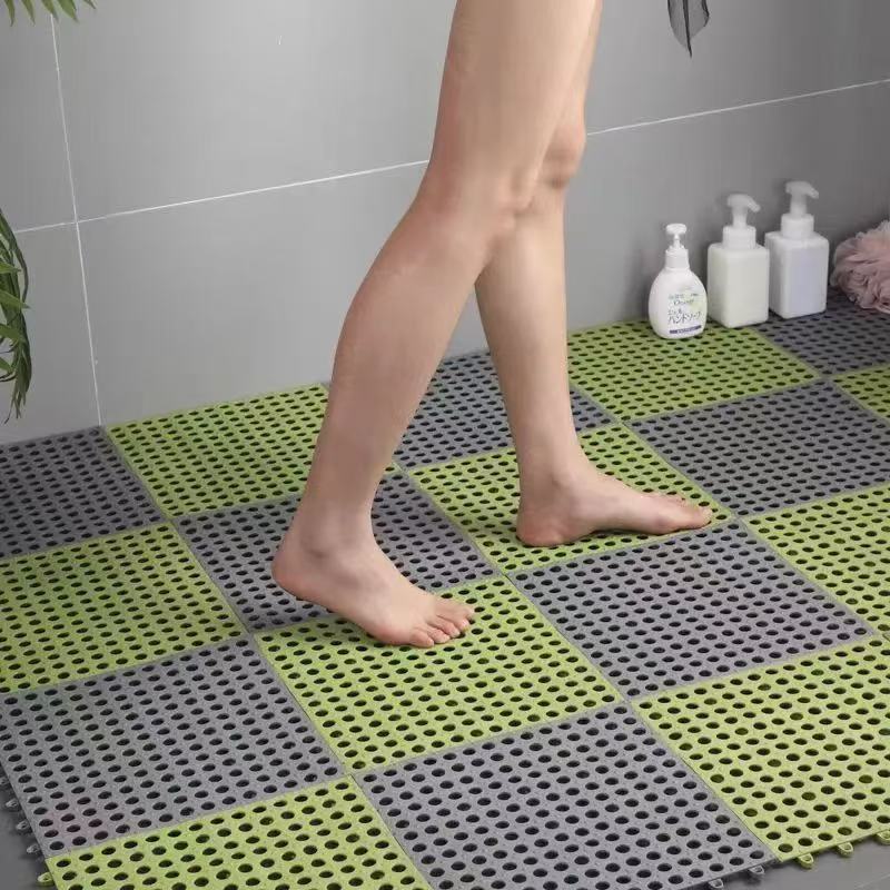 Grey And Green DIY Interlocking Non-Slip Floor Tiles - 12-Pack PVC Drainage Mat for Shower & Bathroom Safety