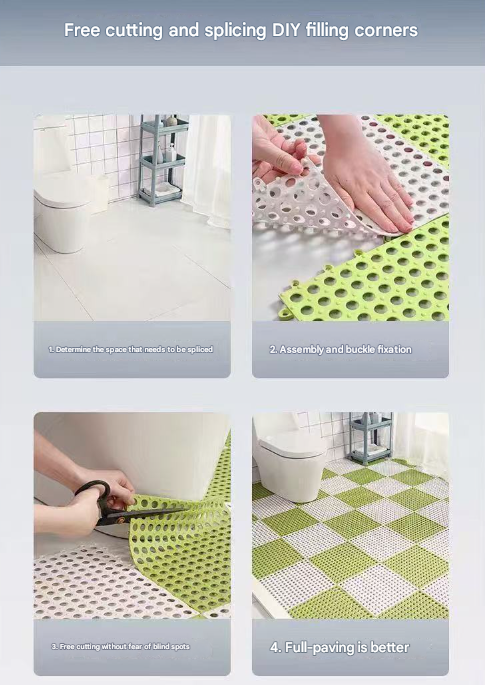 Green And Pink DIY Interlocking Non-Slip Floor Tiles - 12-Pack PVC Drainage Mat for Shower & Bathroom Safety