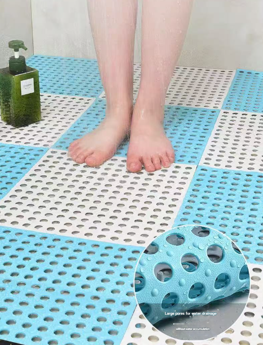 White And Grey DIY Interlocking Non-Slip Floor Tiles - 12-Pack PVC Drainage Mat for Shower & Bathroom Safety