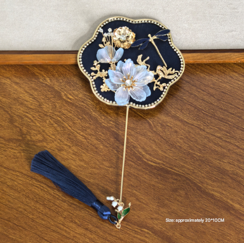 Dark Blue Exquisite Chinese Palace Style Mini Fan - Handheld Decorative Prop with Tassel for Photoshoots