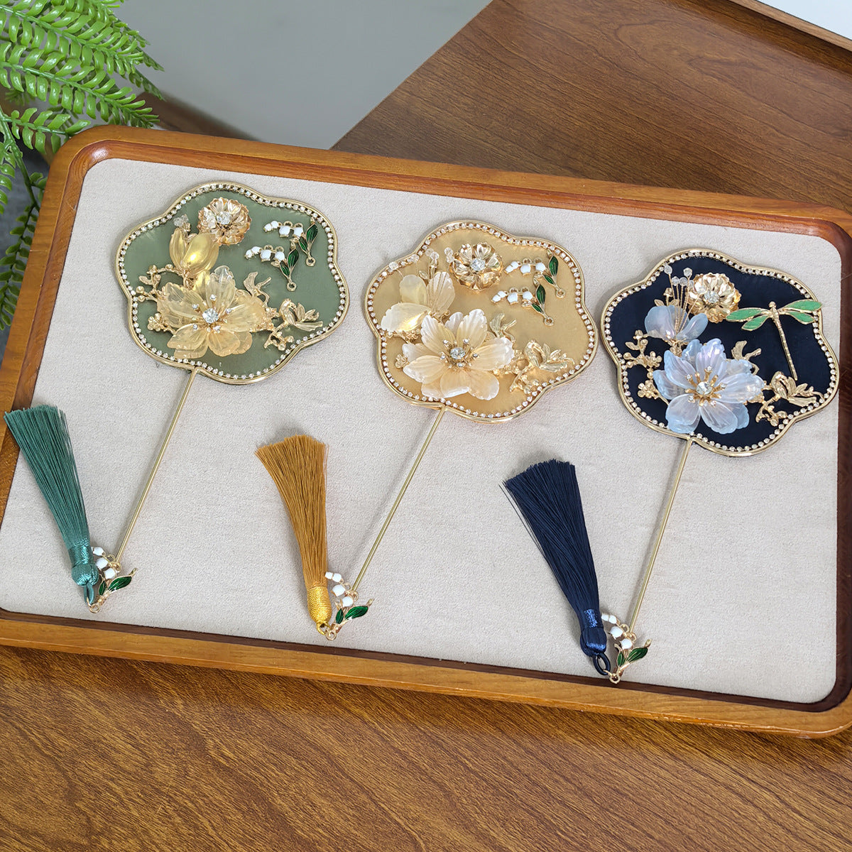 Dark Blue Exquisite Chinese Palace Style Mini Fan - Handheld Decorative Prop with Tassel for Photoshoots