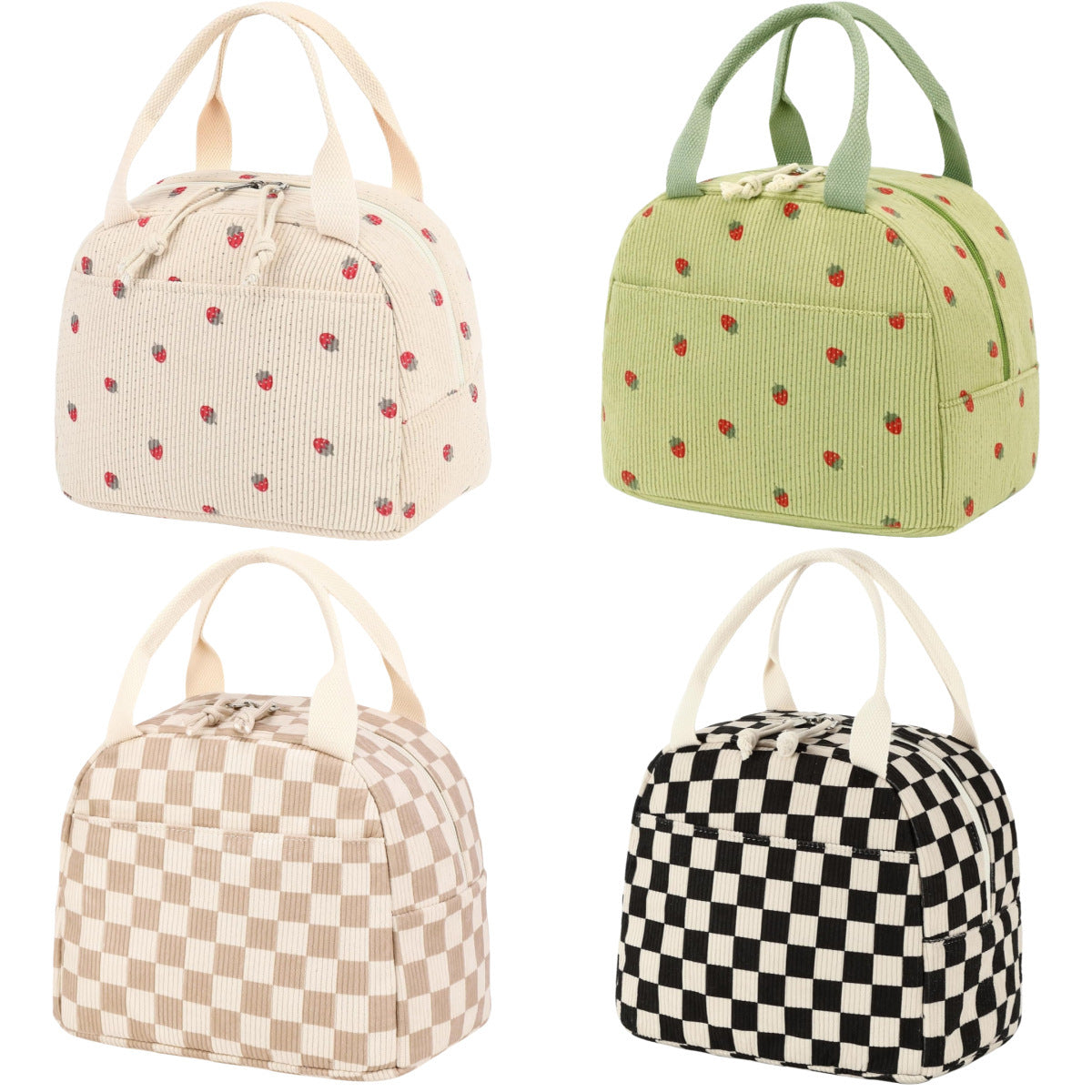 Beige Strawberry Pattern Corduroy Lunch Bag - Insulated Thermal Cooler Tote for School Work and Picnics