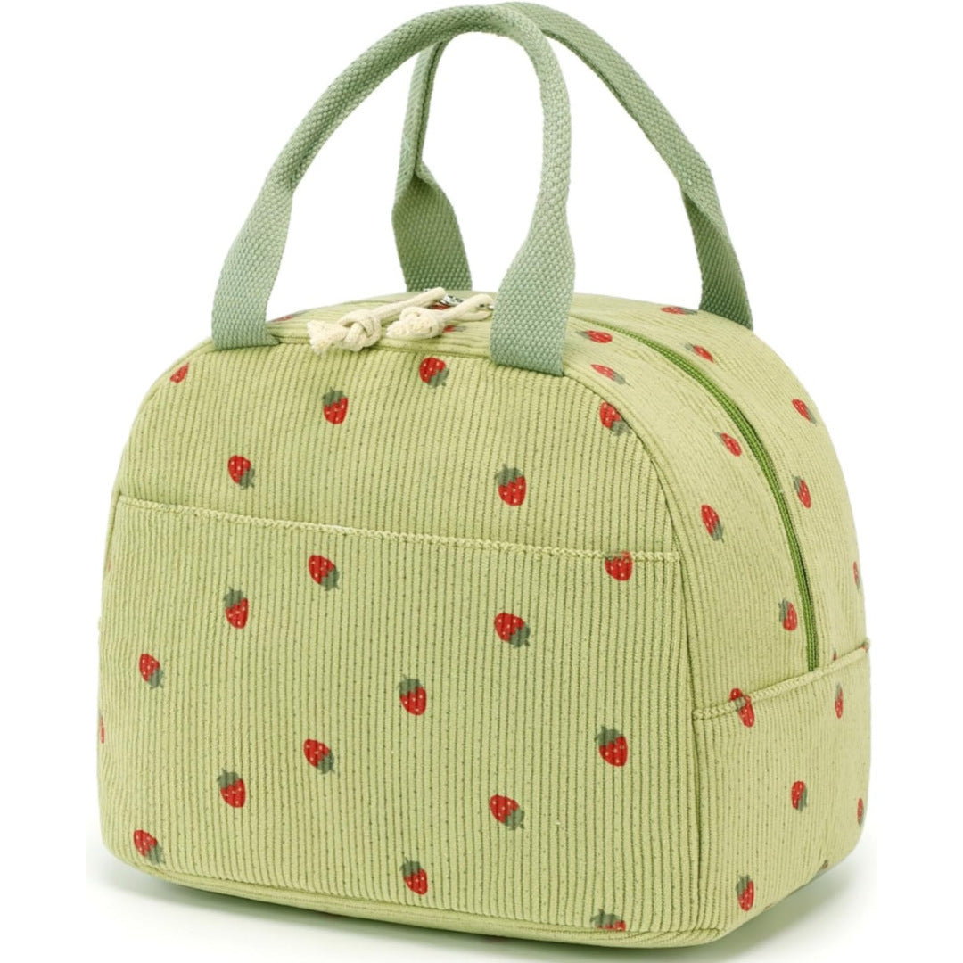 Green Strawberry Pattern Corduroy Lunch Bag - Insulated Thermal Cooler Tote for School Work and Picnics
