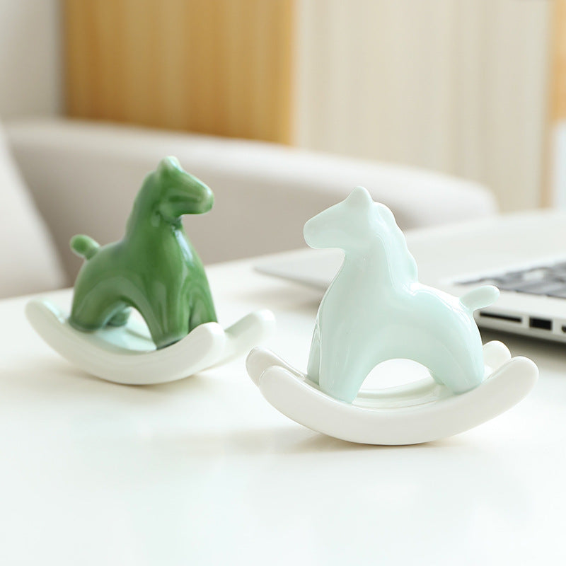 Pink Modern Ceramic Rocking Horse Ornament - Cute Porcelain Figurine for Desk & Shelf Decor