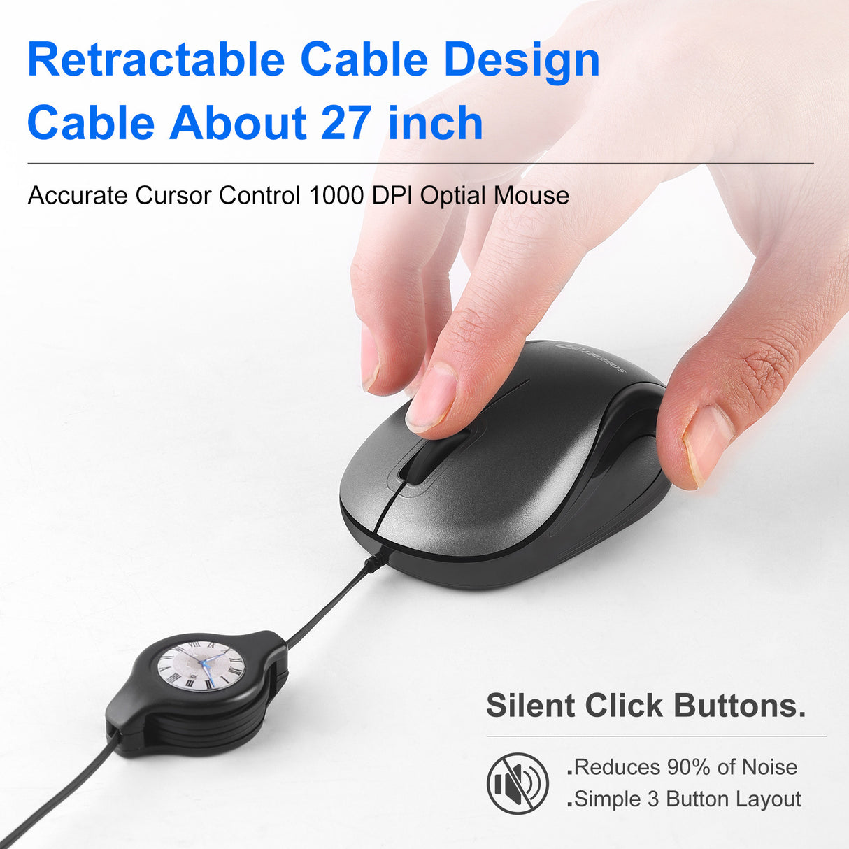 Grey and Black Portable Mini USB-C Mouse with Retractable Cable - Silent Click Travel Mouse for Laptop, MacBook, Tablet